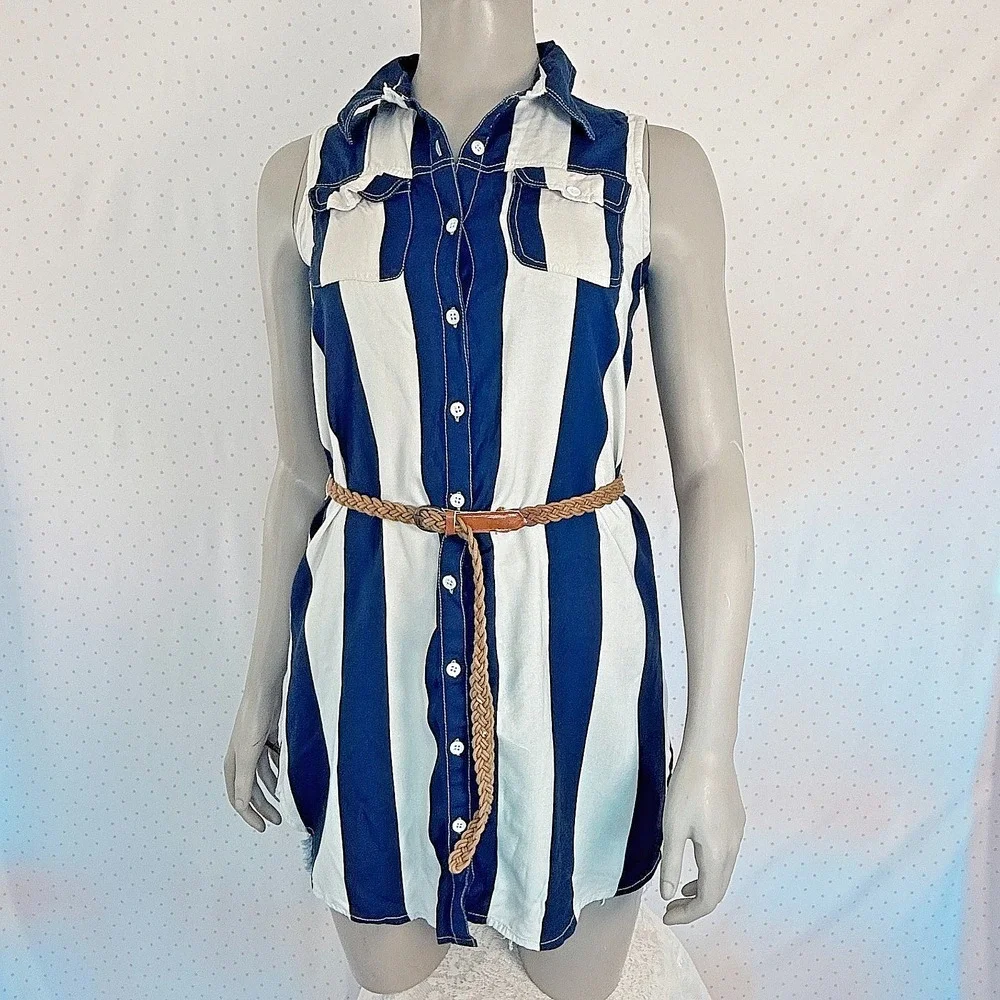 Fun & Flirt Y2K Navy Blue White Striped Sleeveless Button Shirt Dress Lg Preppy‎